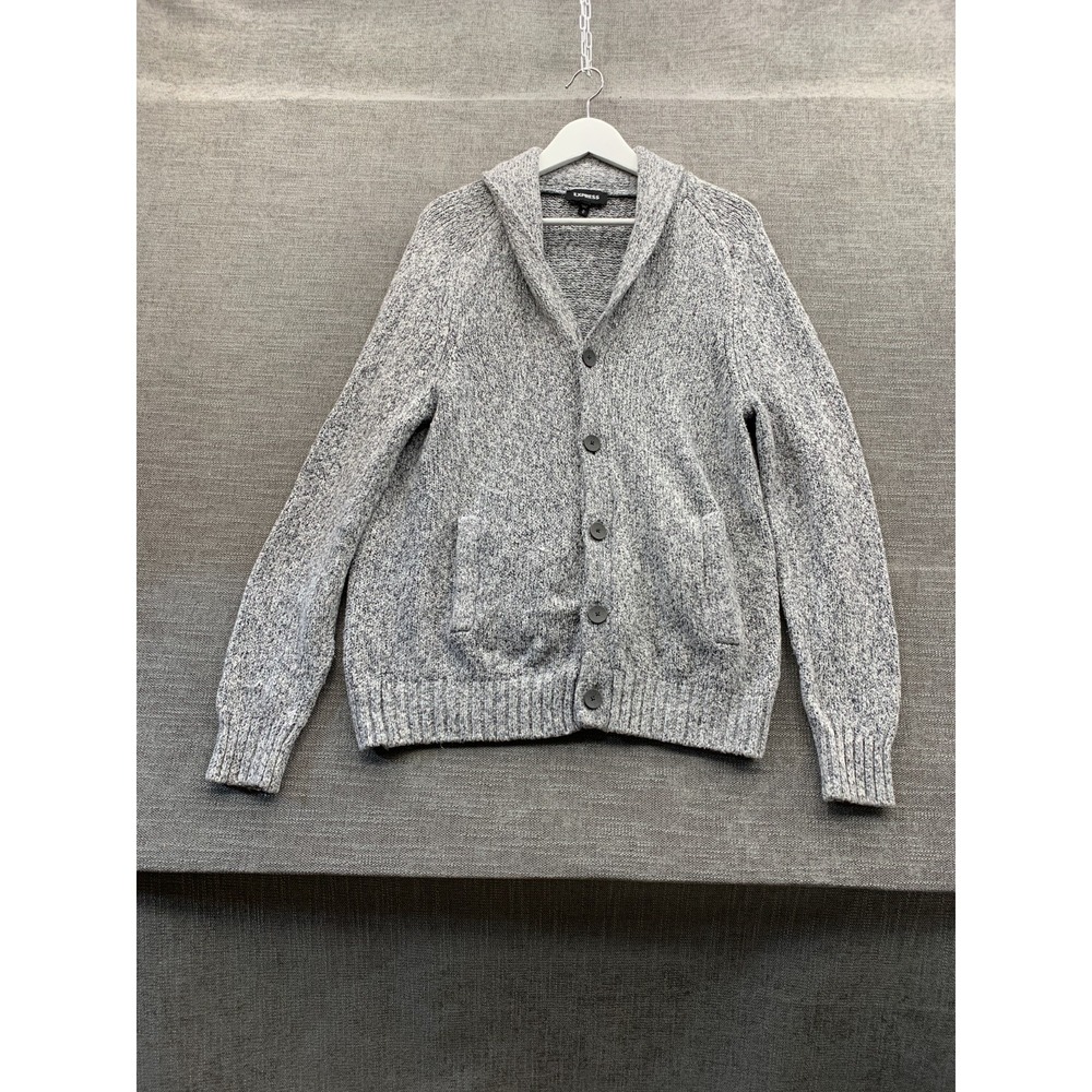 Express Cardigan Sweater Mens Medium Heather Gray Tight Knit Shawl Collar Winter